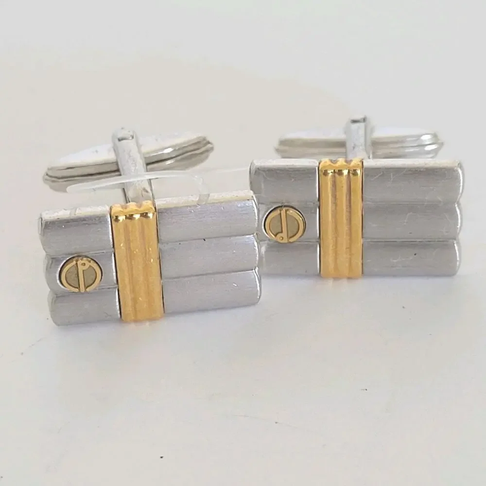 Dunhill D Cufflinks Silver Gold Tone Logo Rectangle Logo Retro Stripped Two Tone